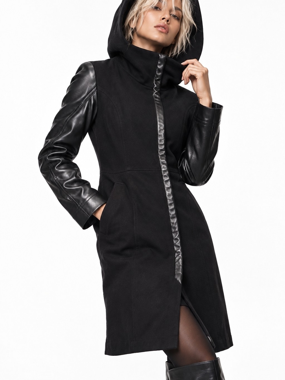 Twik Simons Black Hooded Coat Faux Leather Sleeves Asymmetrical Zip P/S